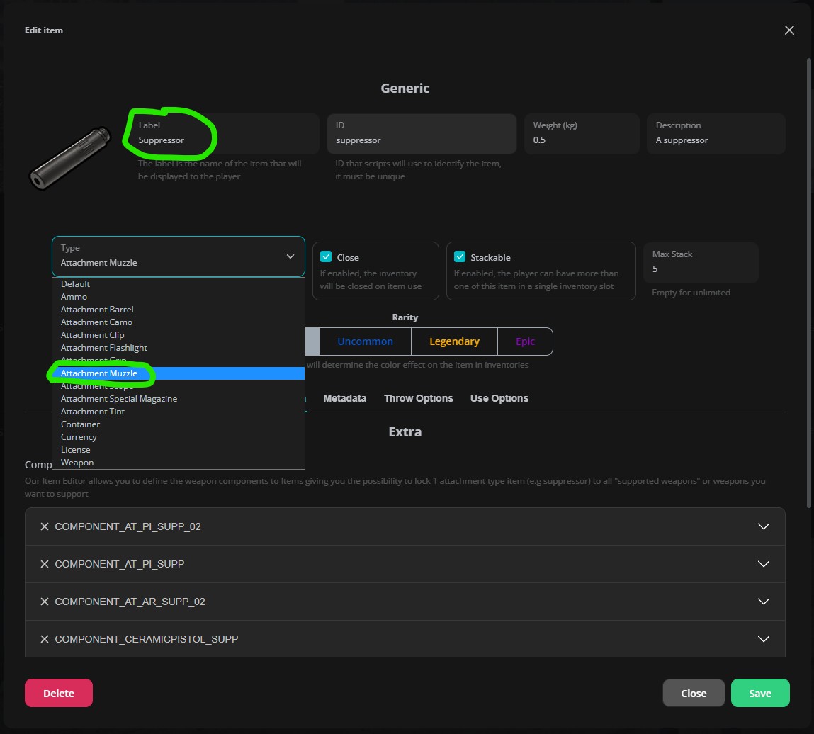 Edit default suppressor item component example